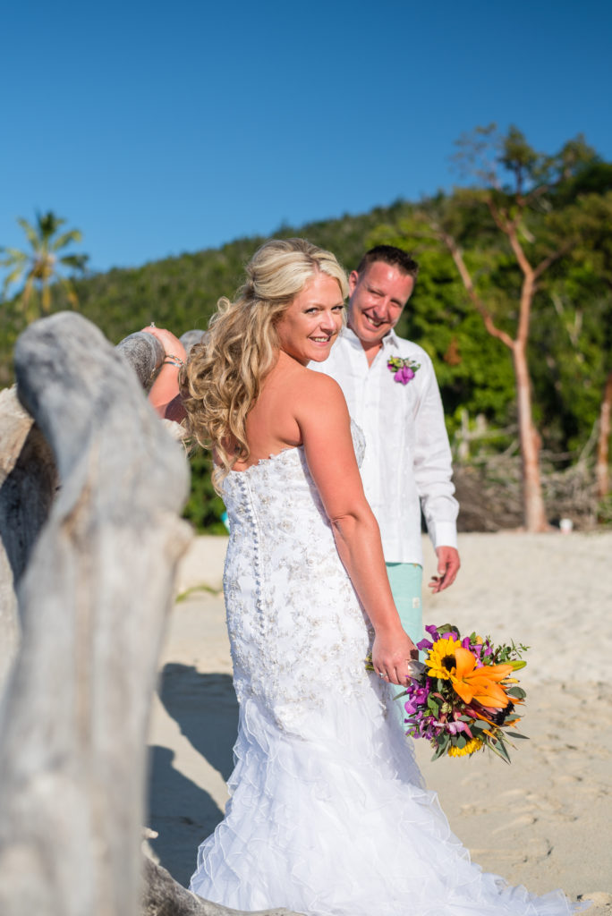bride and groom on st. john for beach wedding